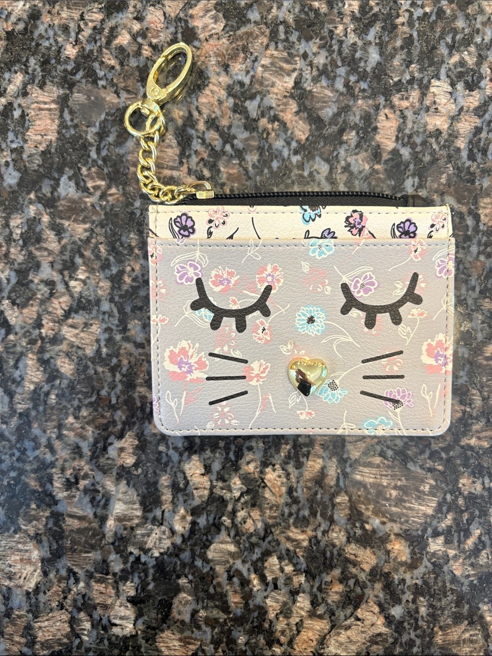 Betsey Johnson Floral Cat Face Card Wallet Keychain - Blush Pink and Gray